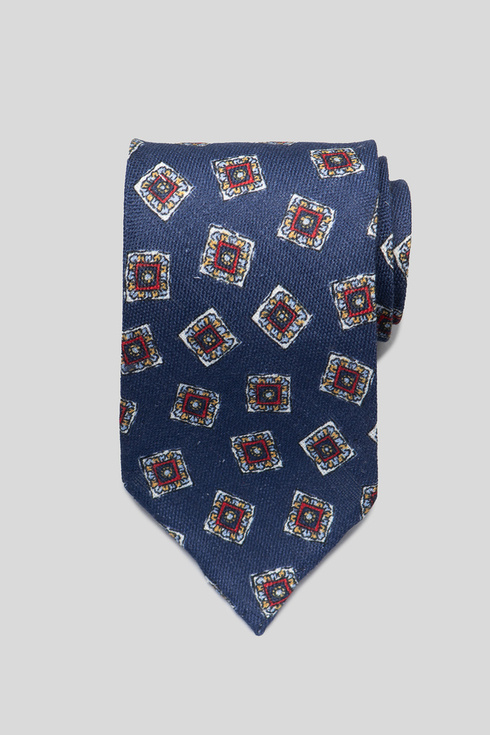 Navy Medallion Print Linen Tie