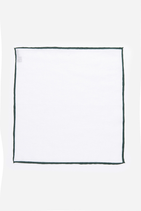 White Linen Pocket Square With Green Border