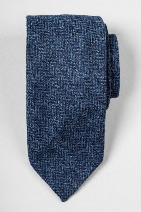 Blue herringbone untipped woolen tie 