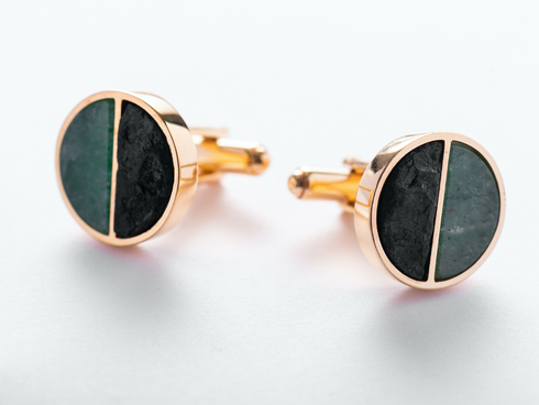gold-plated silver cufflinks with coal chunks and semi - aventurine green