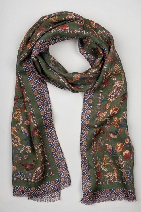 green printed scarf muslin wool and silk