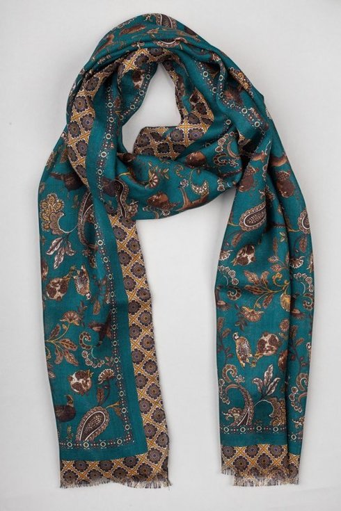 turquoise printed scarf muslin wool and silk