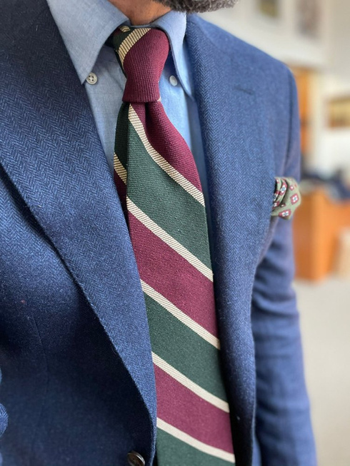 Green & burgundy regimental raw silk tie