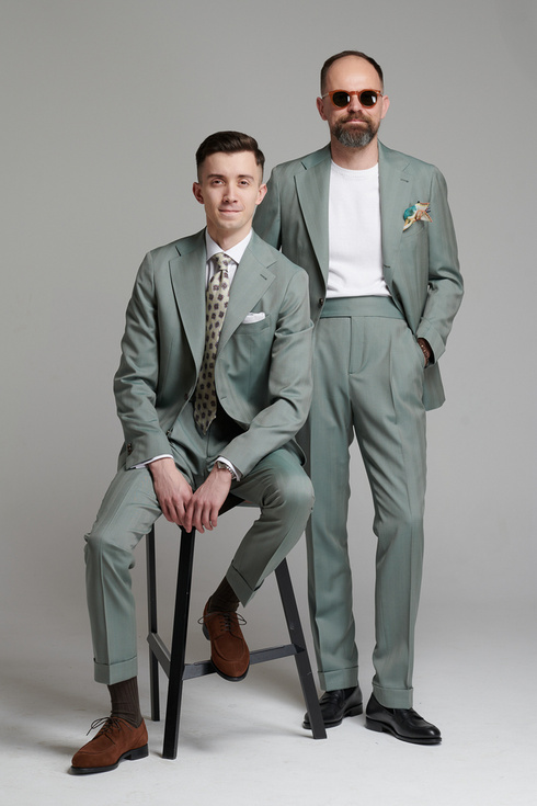 Sage Green Herringbone Worsted Wool Suit
