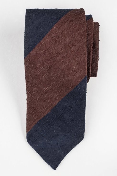 Brązowo-granatowy krawat z szantungu bez podszewki