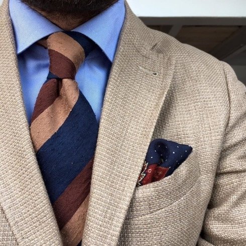 Brązowo-niebieski krawat z szantungu bez podszewki