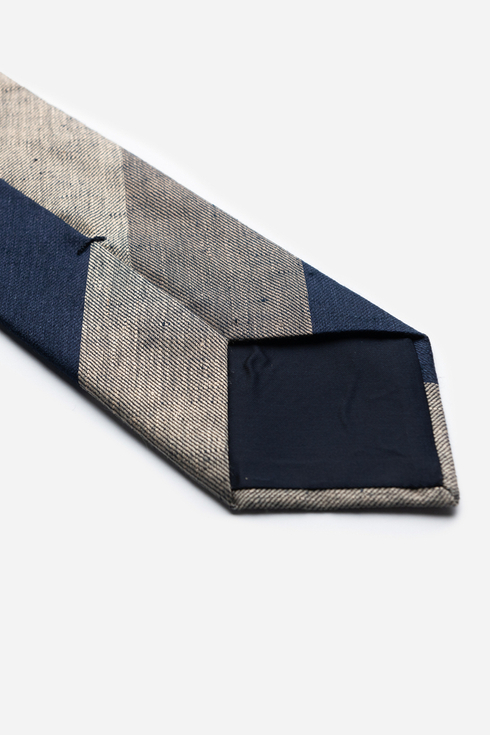 Granatowo-Szary Lniany krawat w szerokie pasy