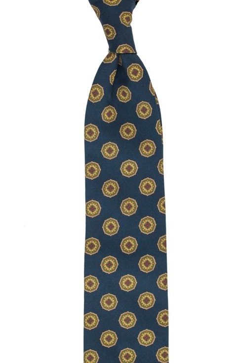 Granatowy krawat w medaliony bez podszewki z wełny drukowanej