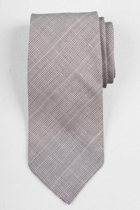 Lniano- wełniany krawat z motywem szarej kraty
